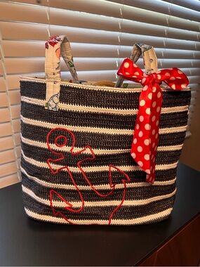 Vera Bradley Anchors Aweigh Straw Beach Nautical Tote, navy blue/white straw bag